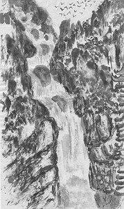 山景、瀑布和宝塔。水彩和水墨插图的风格是苏米、乌信、和花色。东方传统绘画。单色