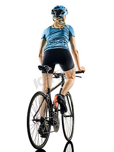 骑车骑自行车的妇女被隔绝的白色背景  