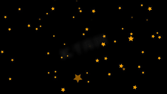 动画的抽象, 金色的五尖, 绿色, 五颜六色的星星落在黑色的背景。小, 橙色的星星五彩纸屑下降混乱, 无缝循环.