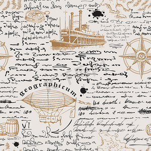 船长日记本刻字草图的中世纪航海记录风格的无缝纹理矢量图像