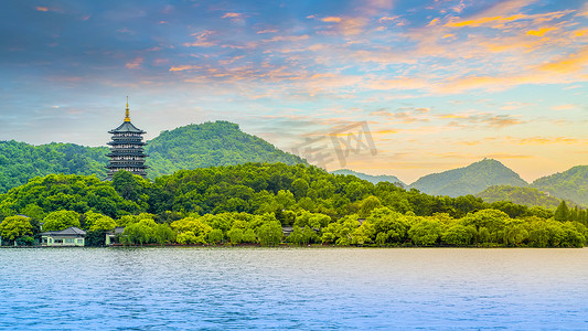山河风景手绘摄影照片_杭州西湖秀丽的风景