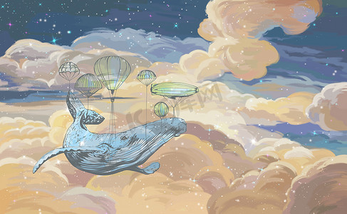 色彩艳丽的星空壁纸.用气球在空中的鲸鱼。蓝色背景上的云彩图解。漂亮的滑雪板。书画，卡片，明信片，壁纸，壁画