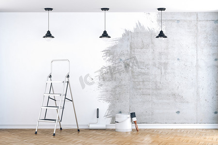 墙绘墙绘摄影照片_3d 的内室，配备空墙准备将被绘