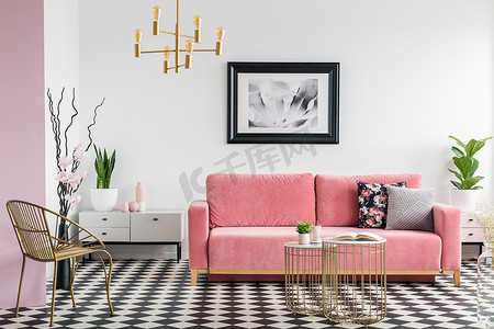 格子海报摄影照片_金色的椅子和粉红色的沙发在现代客厅内部与海报和格子地板。真实照片