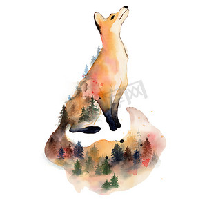 具有双重曝光效果的水彩狐狸白色背景下的动物图解.