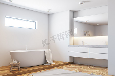 木头碗筷摄影照片_白色浴室角落, 白色浴缸, 木头