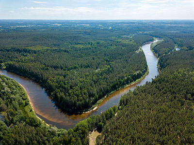 无人机图像。深绿色森林中的蛇河鸟瞰图。一个在拉脱维亚
