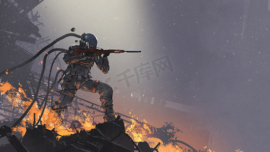 the futuristic soldier aiming his gun at the enemy against the battlefield background, digital art style, illustration painting