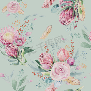 手绘天衣无缝的水彩花图案,配以月桂花、树叶、枝条和花朵.波希米亚金粉色图案的脯氨酸。贺卡的背景.