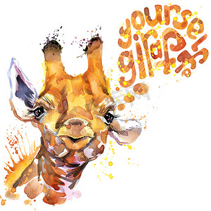 shirt摄影照片_giraffe T-shirt graphics. giraffe illustration with splash watercolor textured  background. unusual illustration watercolor giraffe for fashion print, poster, textiles, fashion design