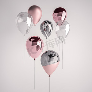 一套光泽和缎面粉红色, 透明, 黑色和白色大理石3d 逼真的气球在棍子为党, 事件, 展示或其他宣传横幅, 海报.