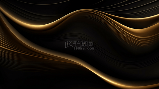 金色高级背景图片_摘要：在金色背景上，抽象优雅的三维黑色波浪形状和金色弯曲线条元素，附有灯光效果。