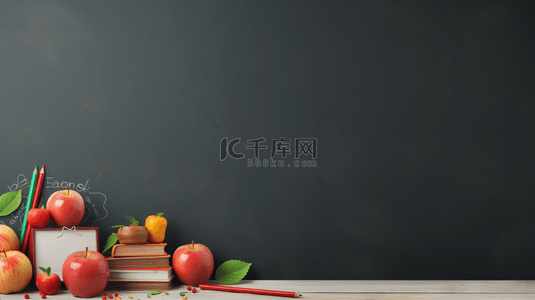 背景书桌背景图片_黑板前的书桌上摆放书本苹果背景1