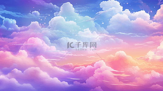 蓝色梦幻星空背景背景图片_全息的彩虹独角兽背景，搭配云朵和神奇的景色，抽象华丽的图案。