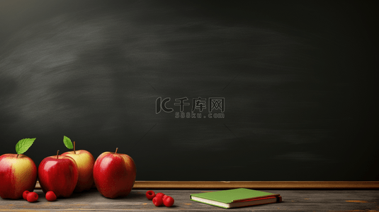 黑板前的书桌上摆放书本苹果背景3