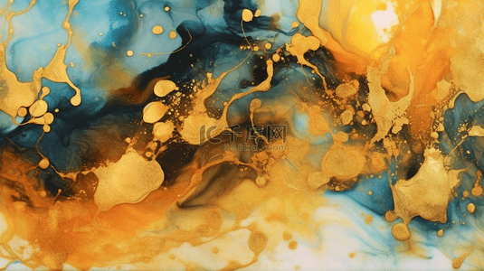金色闪闪发光的抽象背景，豪华的白烟丙烯颜料在水下爆炸，宇宙旋转的墨水。