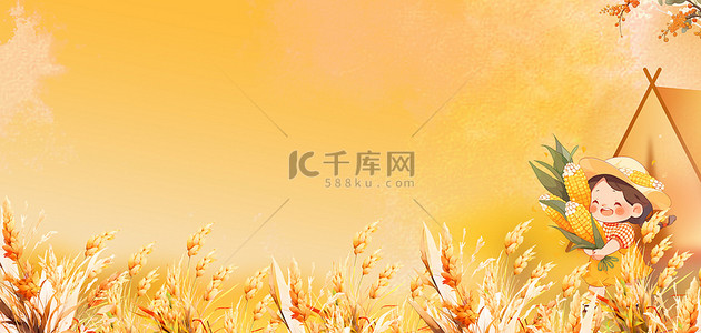翠绿色麦子背景图片_秋收麦子橙黄卡通banner