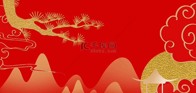 国庆节烫金风景红色大气背景