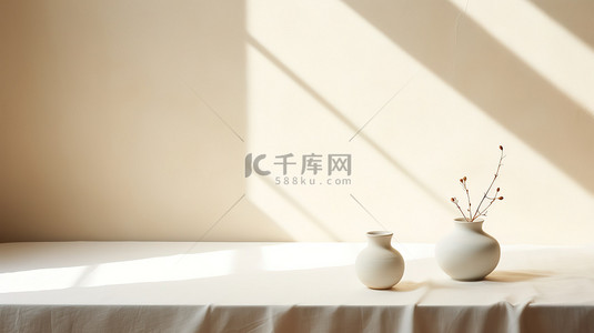 桌子背景图片_米白色桌子陶瓷花瓶家居电商背景1