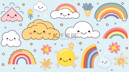 卡通彩虹手绘背景图片_带有可爱天气涂鸦横幅的激励名言社交模板 PSD 设计