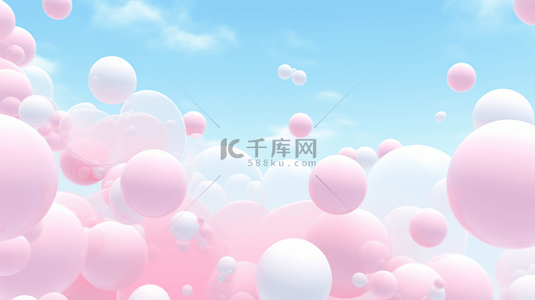 粉色抽象圆圈背景图片_三维渲染的粉彩球、肥皂泡、漂浮在空中的波状物，搭配蓬松白云和海洋，营造浪漫梦幻的景象。自然抽象的梦幻天空。