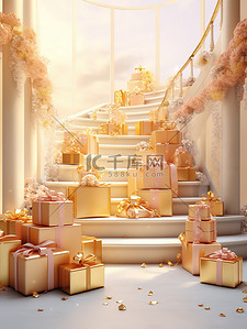 玫瑰礼盒背景图片_大楼梯成堆的礼盒玫瑰金装饰7