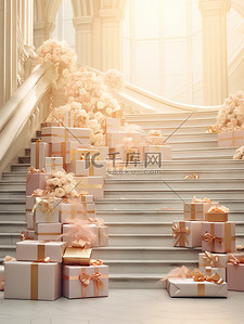 玫瑰礼盒背景图片_大楼梯成堆的礼盒玫瑰金装饰10