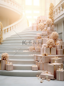 玫瑰礼盒背景图片_大楼梯成堆的礼盒玫瑰金装饰2
