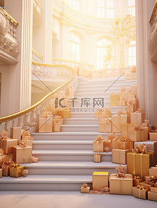 礼盒成堆的背景图片_大楼梯成堆的礼盒玫瑰金装饰1