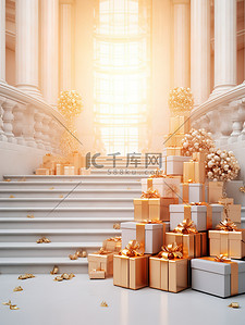 玫瑰礼盒背景图片_大楼梯成堆的礼盒玫瑰金装饰3