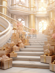 礼盒成堆的背景图片_大楼梯成堆的礼盒玫瑰金装饰8