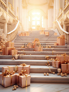 玫瑰礼盒背景图片_大楼梯成堆的礼盒玫瑰金装饰9