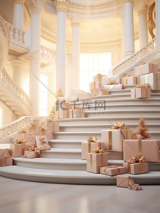礼盒成堆的背景图片_大楼梯成堆的礼盒玫瑰金装饰6