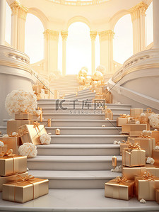 梯背景图片_大楼梯成堆的礼盒玫瑰金装饰19