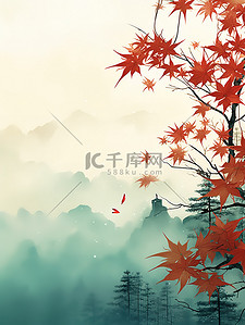 远山薄雾红色的枫叶绿色背景17