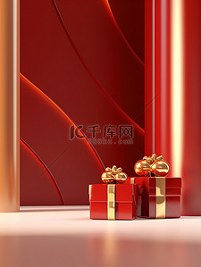 节日礼盒红色背景图片_金色和银色的礼盒红色背景8
