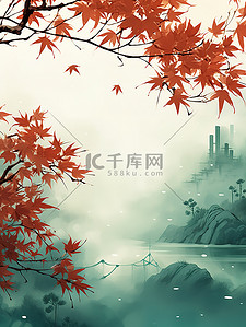 远山薄雾红色的枫叶绿色背景9