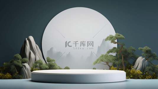 古风展示台背景图片_C4D月亮石山青松电商展示台背景13