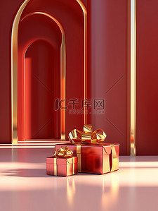 简洁红色背景图片_金色和银色的礼盒红色背景3