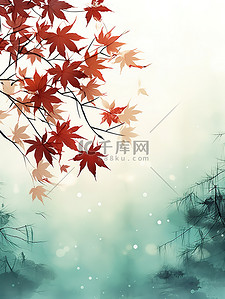 红色秋季背景图片_远山薄雾红色的枫叶绿色背景14