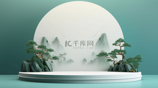 中秋节松树背景图片_C4D月亮石山青松电商展示台背景11