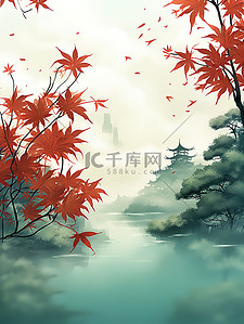 11绿色背景图片_远山薄雾红色的枫叶绿色背景11