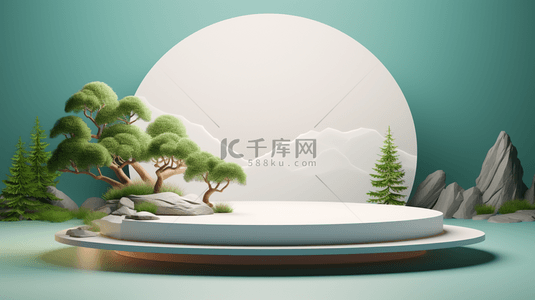 古风展示台背景图片_C4D月亮石山青松电商展示台背景10