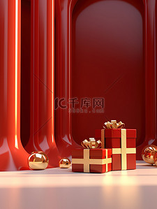 节日礼盒红色背景图片_金色和银色的礼盒红色背景18