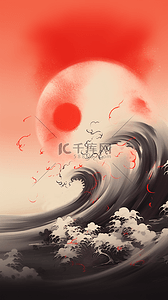 黑色海浪背景图片_国风水墨红黑配色海浪和日出背景