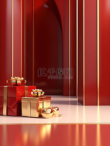 节日礼盒红色背景图片_金色和银色的礼盒红色背景6
