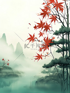 远山薄雾红色的枫叶绿色背景3