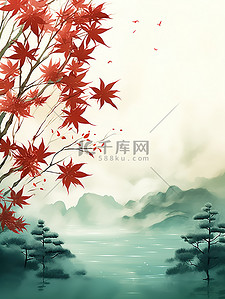 远山薄雾红色的枫叶绿色背景13