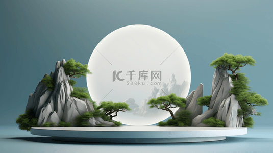 中秋节松树背景图片_C4D月亮石山青松电商展示台背景15