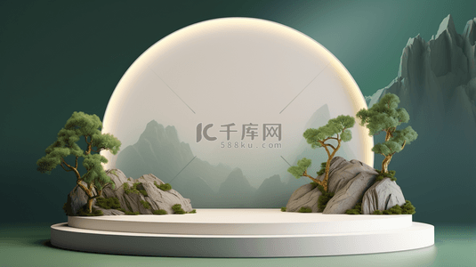 古风展示台背景图片_C4D月亮石山青松电商展示台背景1